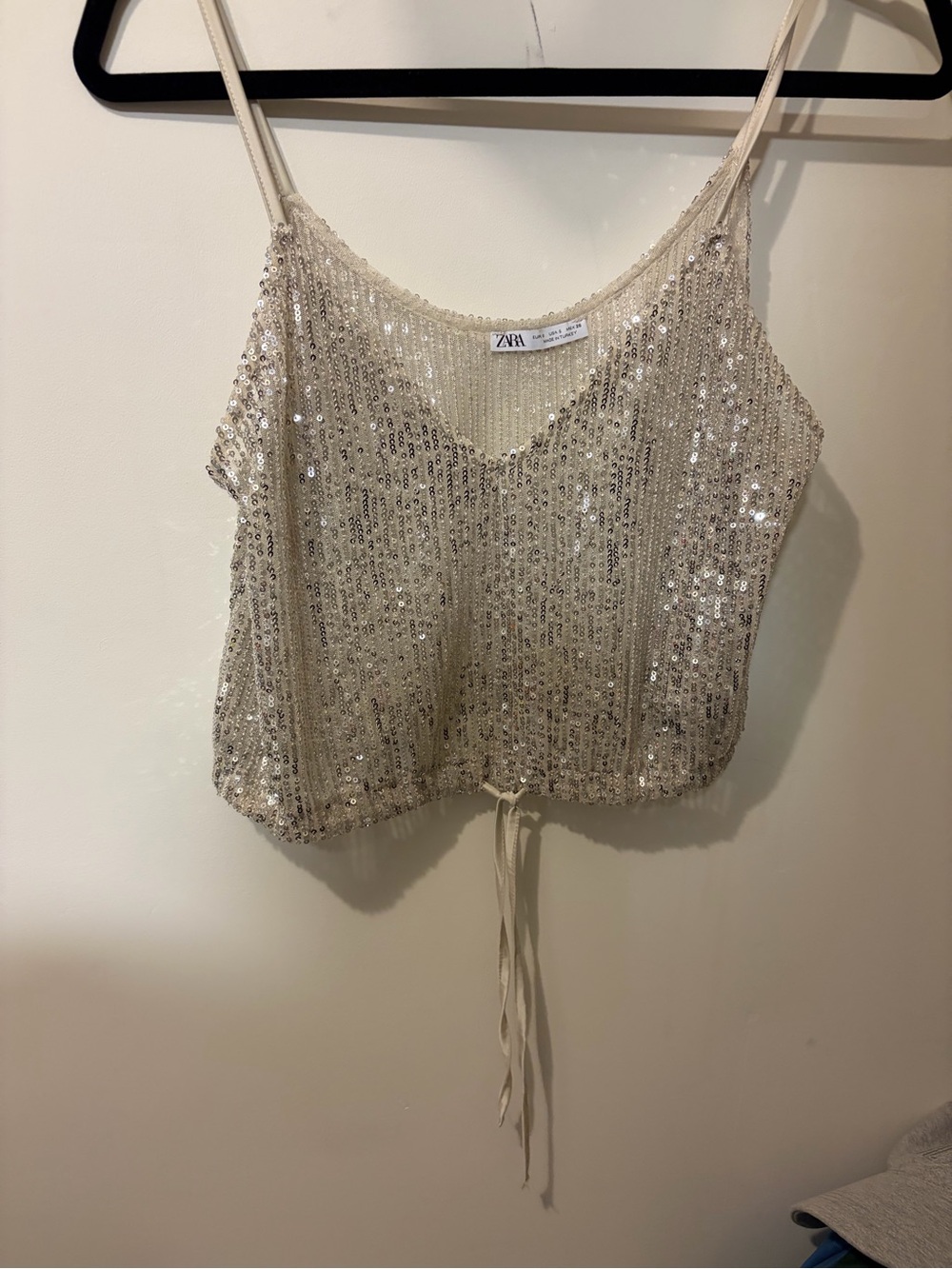 ZARA Sequin Tie-Front Camisole in Cream